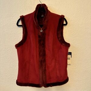 Chaps Faux Suede Vest Women’s Large Faux Fur Trim & Lining Claret (Red)